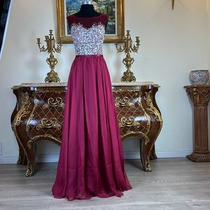 Women‘s formal rhinestone Illusion bodice evening party prom dress